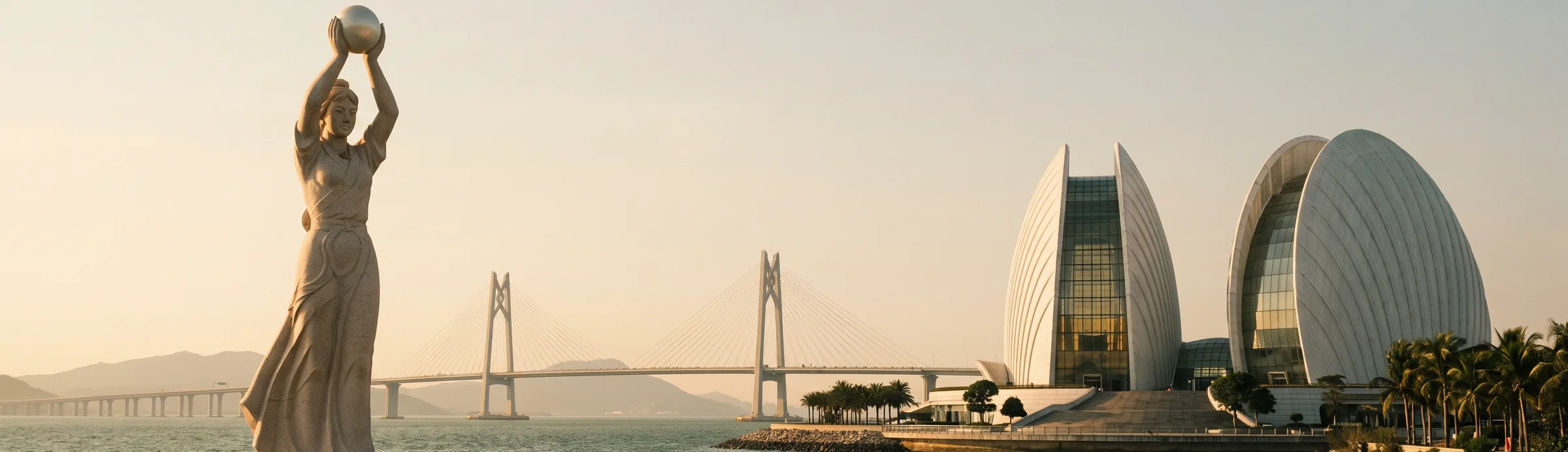 Ilustração da orla de Zhuhai ao entardecer: a estátua da Fisher Girl com a pérola erguida, o Teatro Grande em forma de conchas sobre o mar e a ponte Hong Kong–Zhuhai–Macau no horizonte.