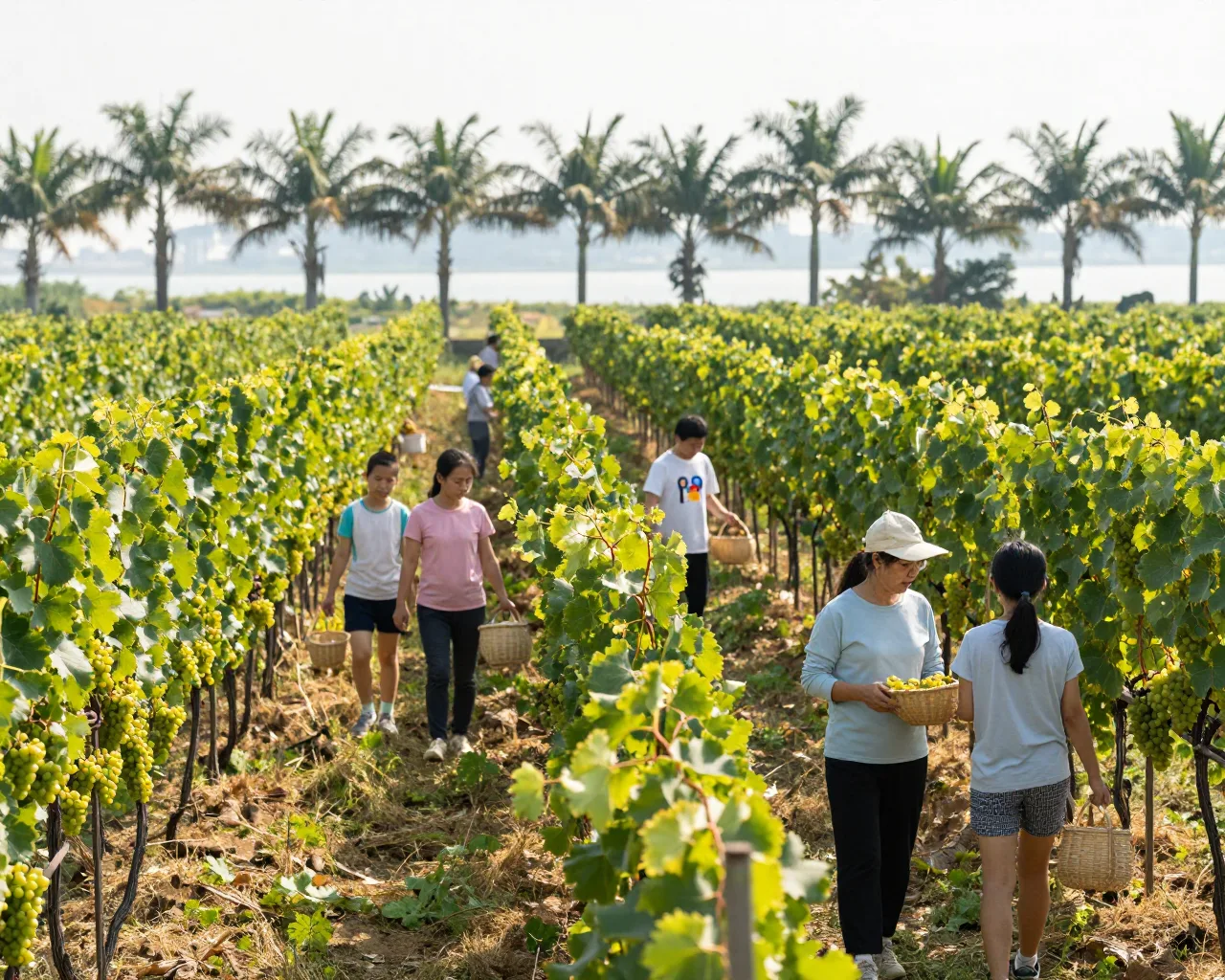 Colheita de uvas em Zhuhai atrai famílias no feriado de maio