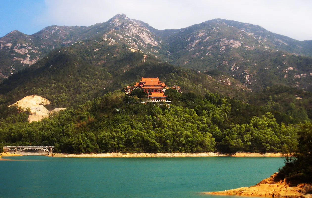 Jintai Temple in Doumen District of Zhuhai, Guangdong, China. A general view from the special viewing spot across the lake.