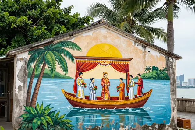 Estudantes de arte pintam tradição de casamento fluvial em muro de Zhuhai