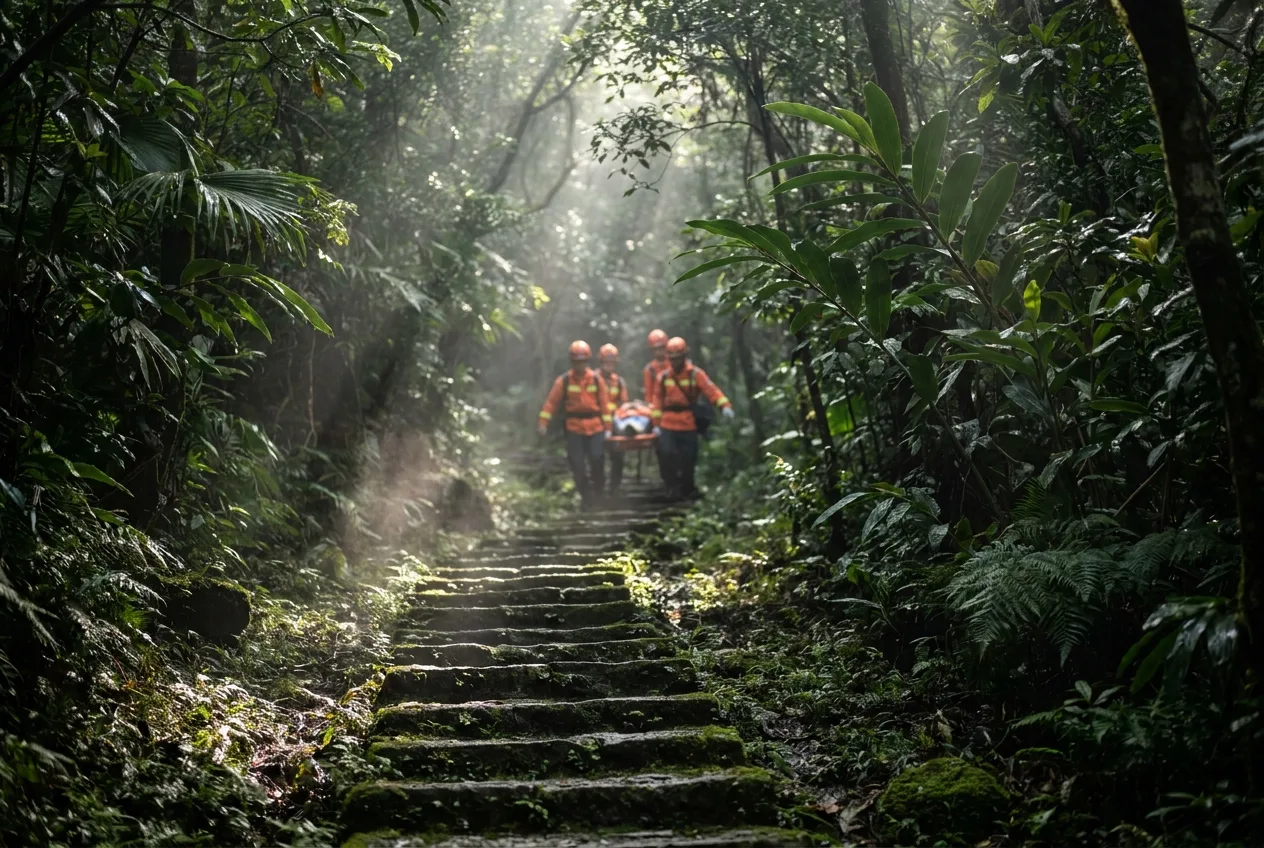 Mulher tem choque térmico ao subir a Montanha Huangyang e é resgatada por bombeiros