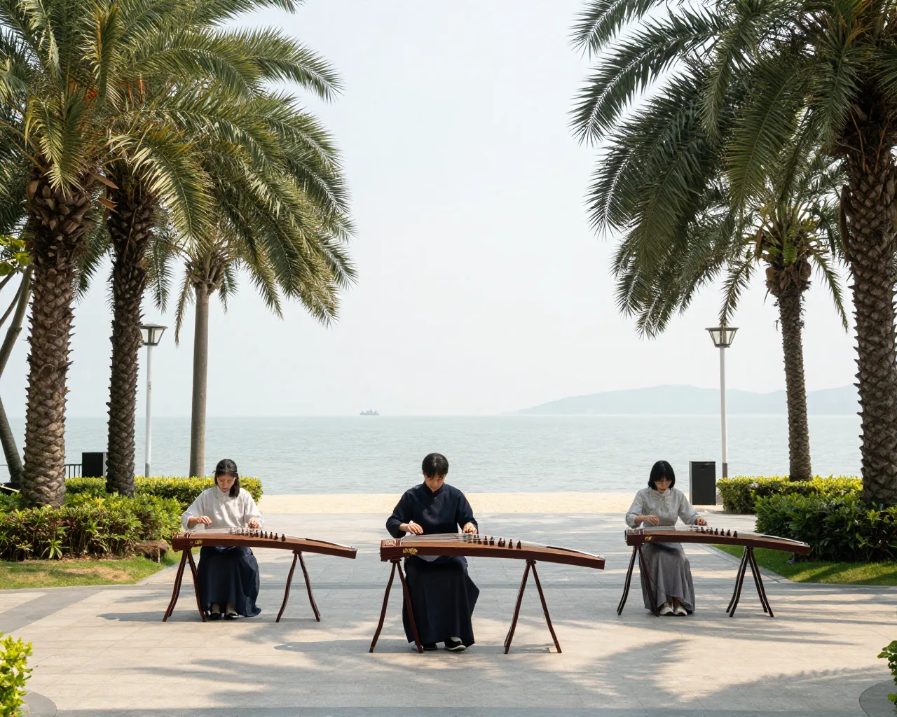 Música tradicional chinesa anima o Parque da Orla de Zhuhai durante o Ano Novo