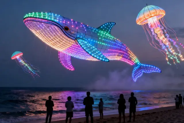 Praia de Tangjiawan ganha show de pipas luminosas em evento de três noites